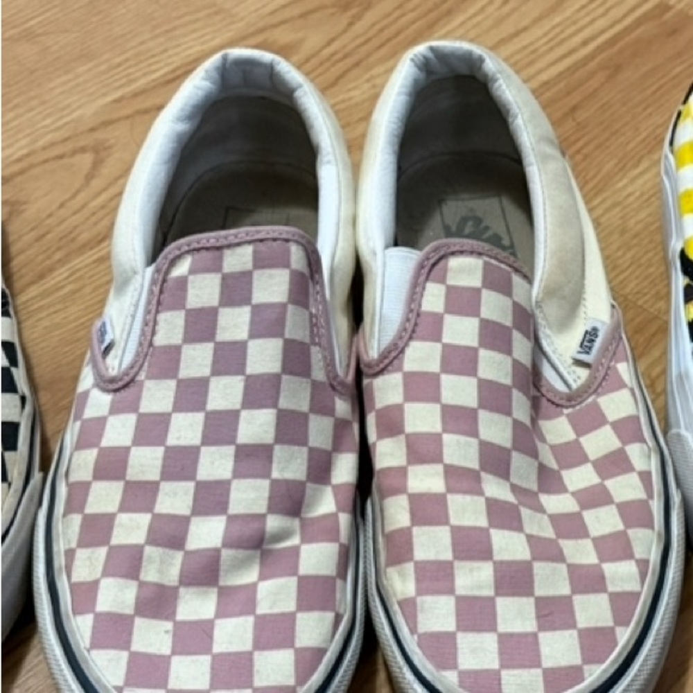 Vans Women’s Pink and White Checkered Slip-On Sneakers